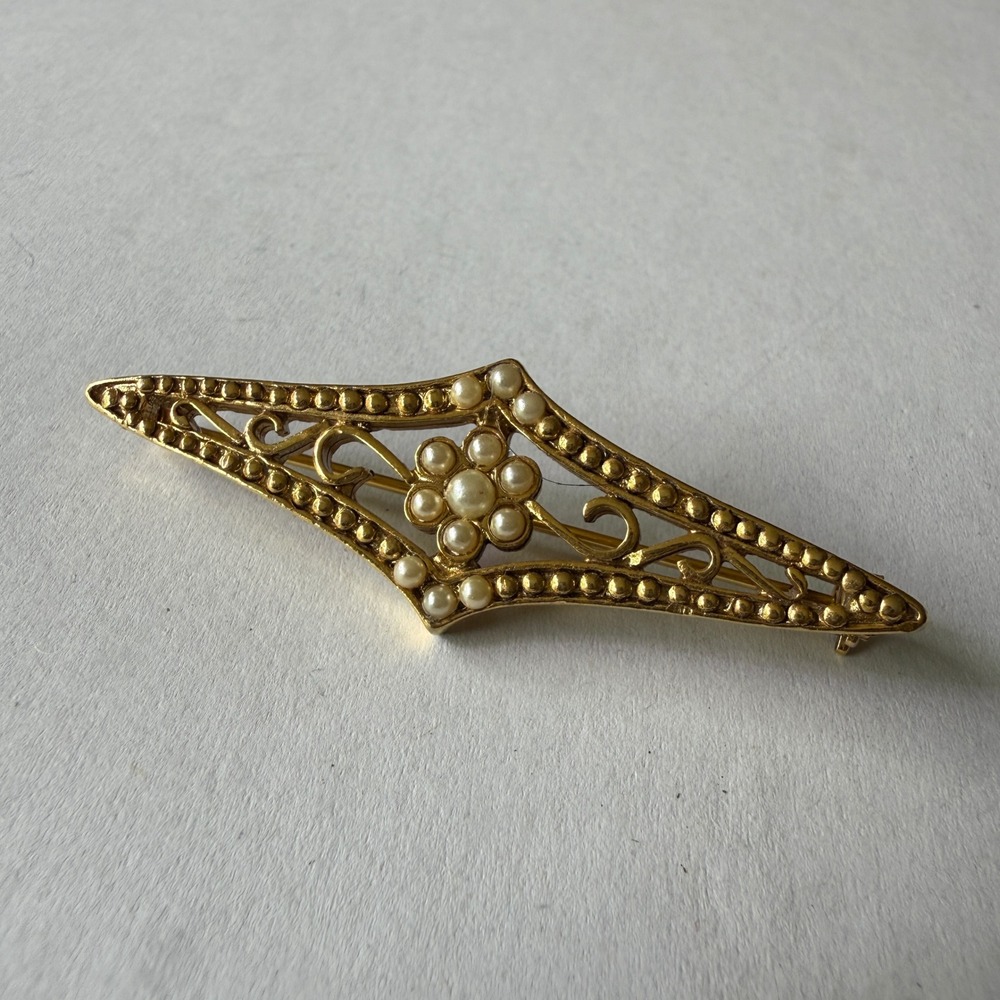 Vintage Gold Tone Filigree Bar Brooch Faux Pearl Floral Diamond Shape Pin 2.75"